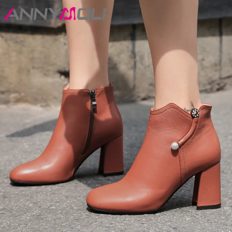 Ботильоны женские из натуральной кожи на толстом высоком каблуке молнии 33