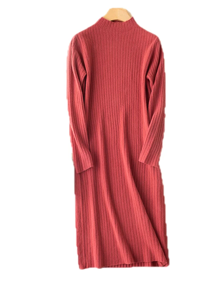 

high neck sweater long dress LadiesLong Color slido Australian wool knitted striped skirt spring, autumn and winter
