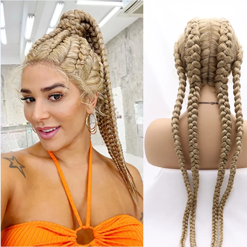 

26 Inch Long 613 Braided Lace Front Wig With BabyHair Double Dutch Box Braided Honey Blonde Twist Synthetic Braids Wig For Women