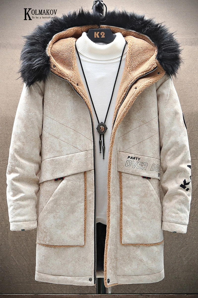 

KOLMAKOV 2020 New Shearling Men Hooded Cotton-Padded Clothes Lamb Wool Long Coat Fur Collar Overcoat Male 4 Color Size M-3XL