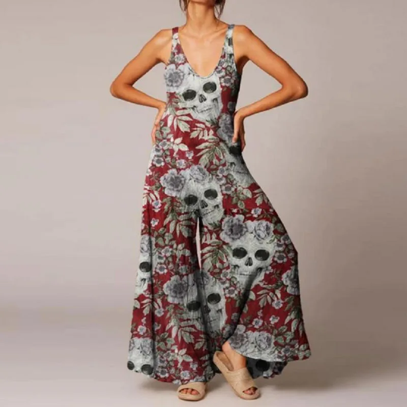 

Fashion Vintage Rose Skull Print Tank Jumpsuit Casual Women Loose Wide Leg Pants Romper New Sleeveless V Neck Playsuits Overalls