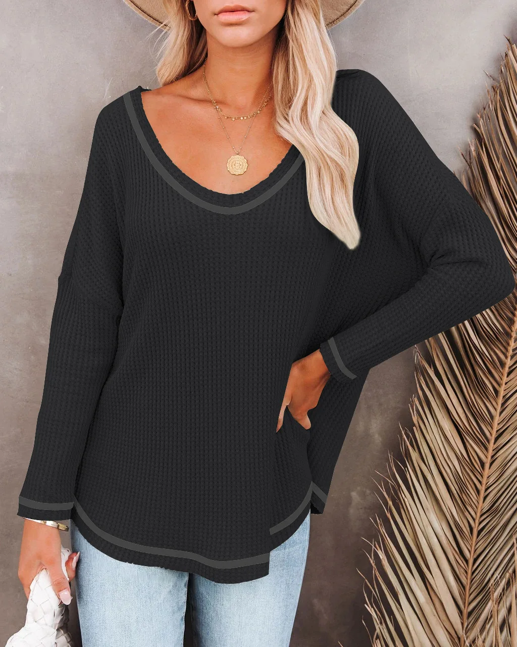 

Fashion Women T-shirt Autumn Casual Hot Sale V-neck Pullover Solid Color Loose Knit Bat Sleeve Long-sleeved T-shirt Donsignet