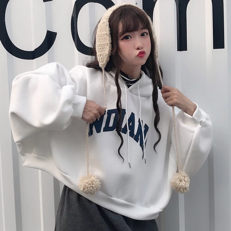 

Oversize Thick Hoodies Streetwear Women Hooded Plus Velvet Loose False Two-piece Letter Print Cute Womens Hoodie Casual Cropped