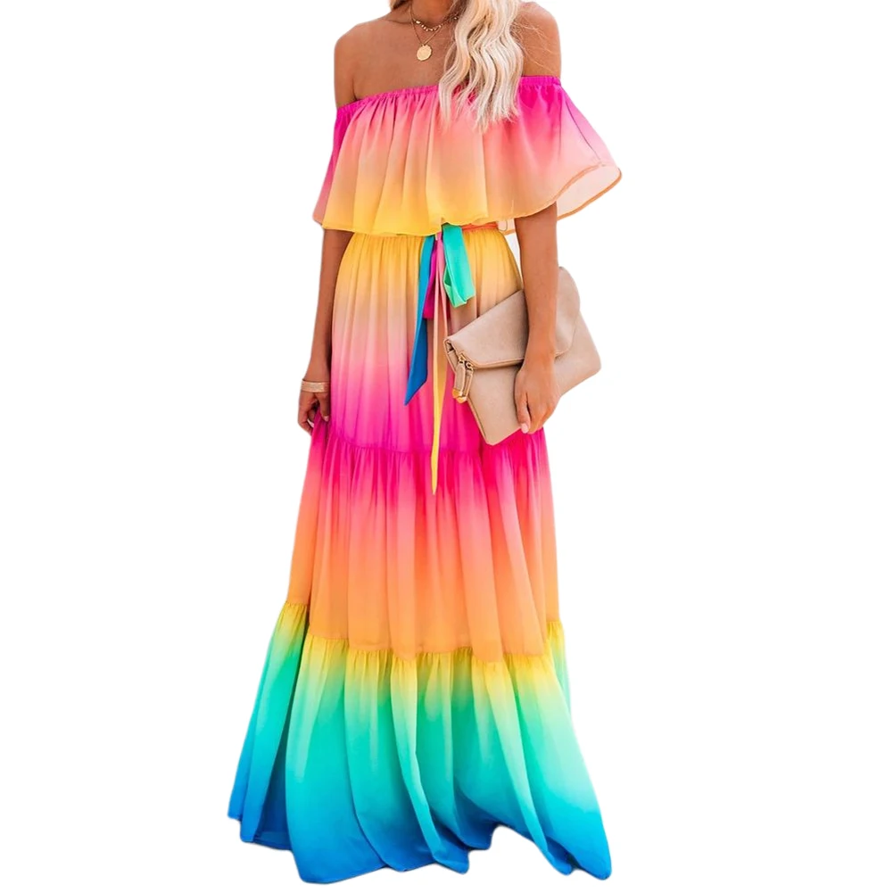 

Women Rainbow Color off Shoulder Ruffle Dress Short Sleeve Slash Neck Sexy Female Fashion Party Vacation Beach Dresses