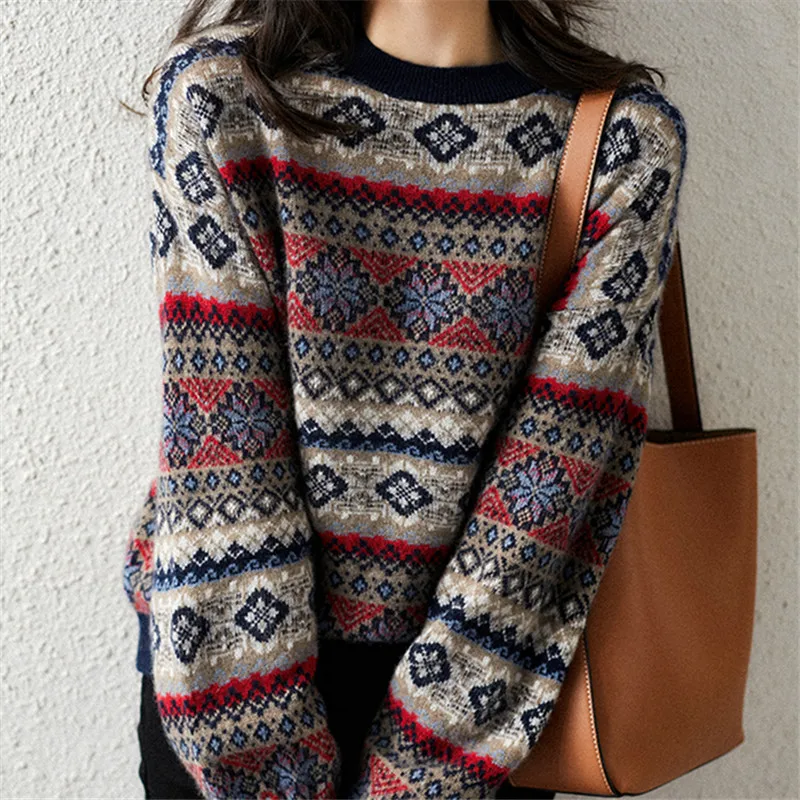

Knitted Sweater Women Jacquard Pullover Thicken Vintage Jumper Winter Warm Coat Women Chic Sweater Lantern Sleeve Pull Femme