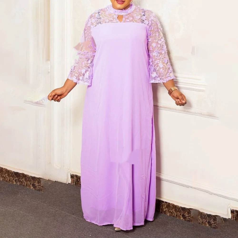 

Summer 2021 Loose Retro Fashion Perspective Lace Splicing Solid Color Flared Sleeves Women's Dress Temperament Round Neck