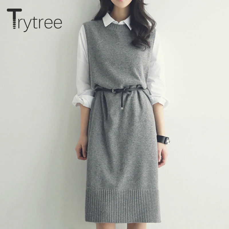 Trytree 2020 осенне зимнее женское Повседневное платье с круглым вырезом трикотажное