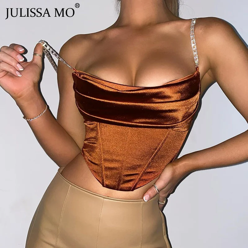 

JULISSA MO New Satin Drill Chain Sling Tank Tops 2021 Summer Women Backless Slim Mini Camis Vest Female Sexy Crop Top Streetwear