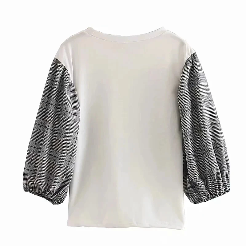 

Fashion y2k aesthetic Patchwork Houndstooth Sleeve Cotton Knitted Casual T-shirt O-Neck Basic Chic High Street Tops