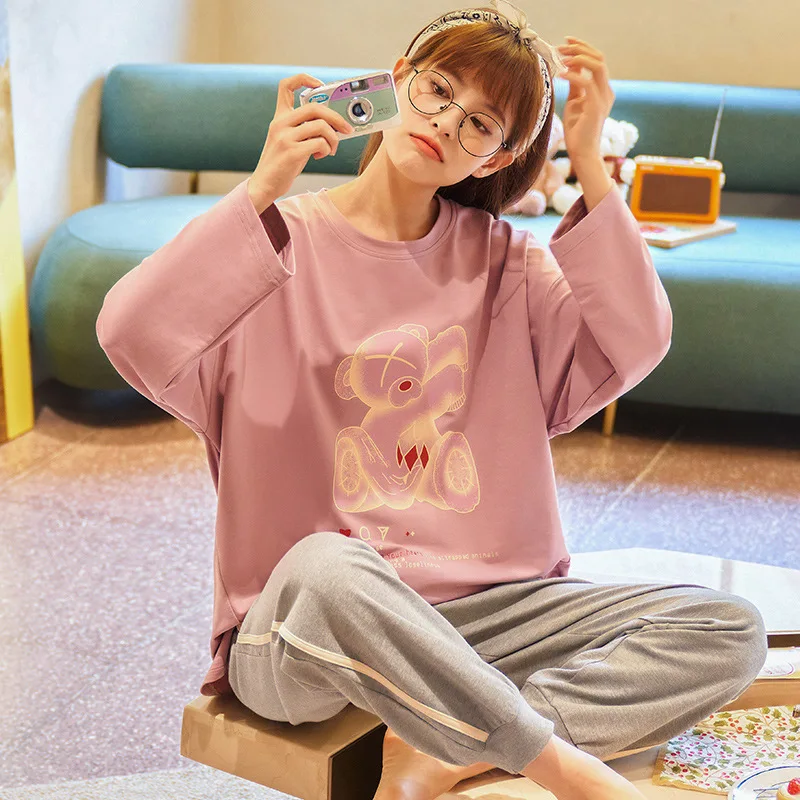 

Women Pajamas Set Cute Cartoon Avocado Sleepwear Autumn Winter Fashion Printed Long Sleeve Cotton Casual Homewear Female Pajamas