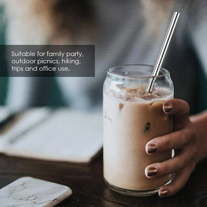 

HOONRA 4/6Pcs Drinking Straws Reusable Stainless Steel Straws Set Bent Metal Straw With Cleaner Brush Big Bar Accessories