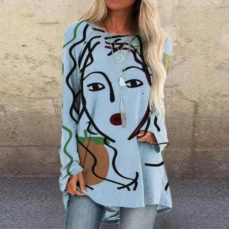 

Abstract Face Print T-Shirt Autumn Women's Casual Tops o Neck Full Sleeves Loose Casual Street Long Tshirt Plus Size Female Tee
