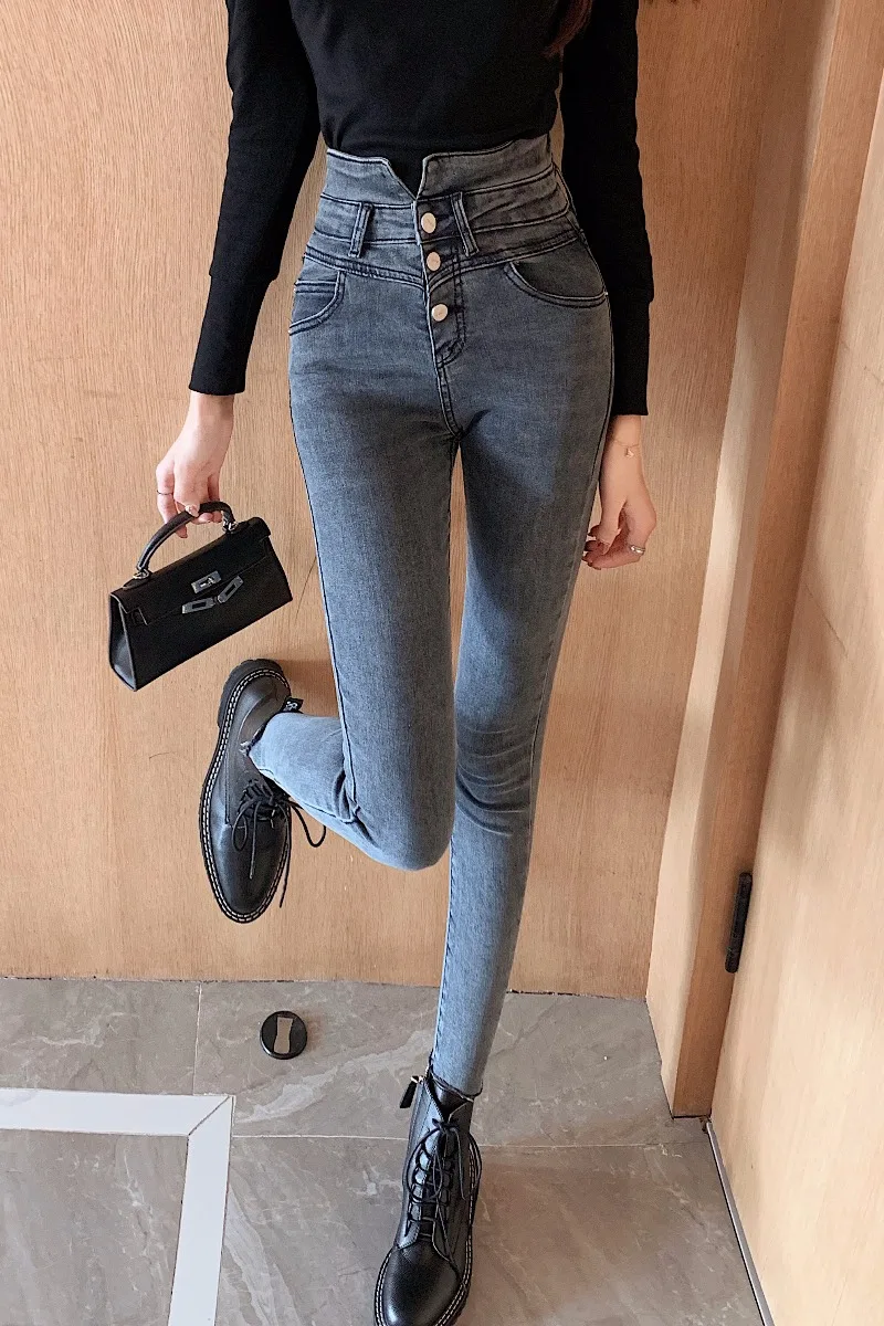 

2020 autumn and winter new fashion retro high waist jeans women's fashion temperament thin stretch pants