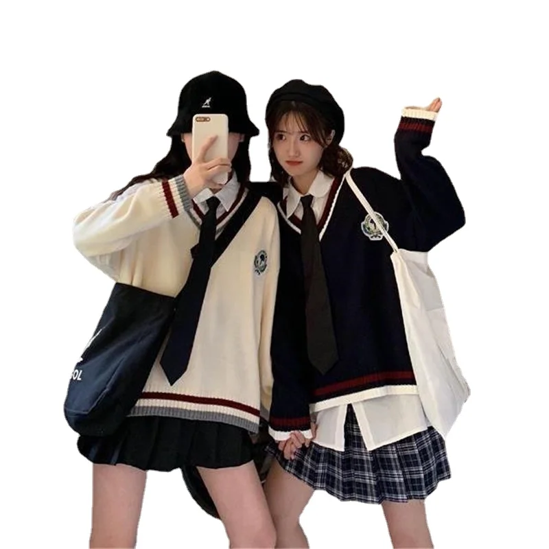 

New 2021 Japanese Preppy Pullover Jk Sweater Loose Casual Long Sleeves Student Long-sleeved Knit V-neck Pullover School Uniform