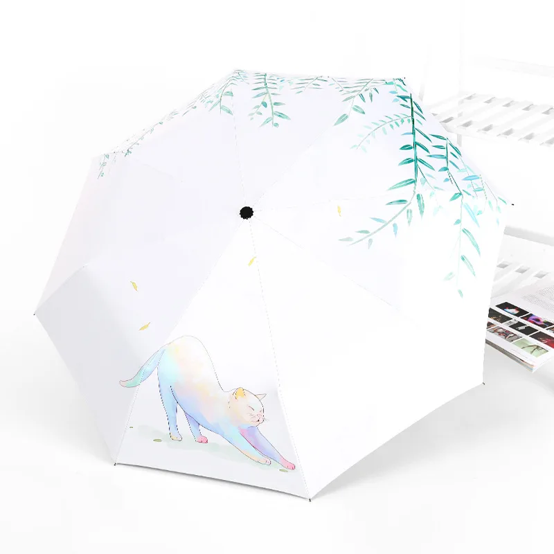 Женский автоматический зонт с черным покрытием складной от дождя и солнца тремя