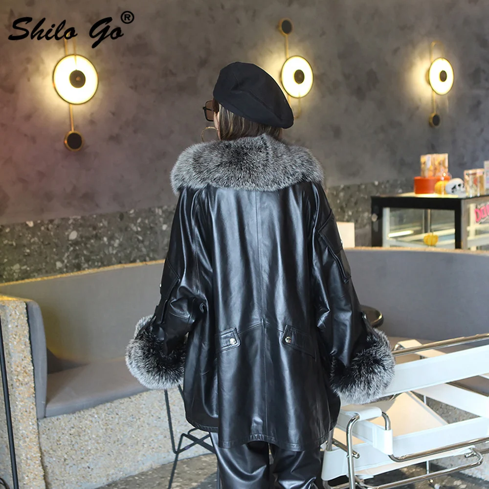 

Safari Style Real Fox Fur Collar Drop Shoulder Coat Women Winter Casual Batwing Sleeve Genuine Leather Jacket Sheepskin Outwear