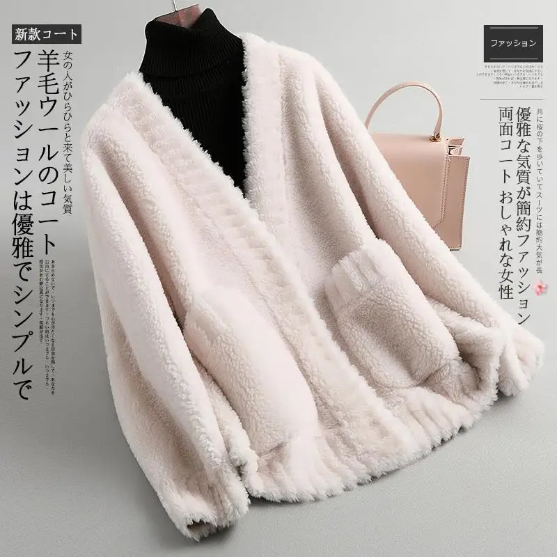 Women 2022 Winter Sheep Shearling Jacket Female Granular Real Fur Jackets Ladies Solid Color Loose Lamb Wool Outwear X785