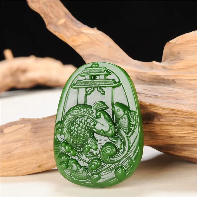 Китайский натуральный зеленый нефритовый Карп Кулон ожерелье ручной резки