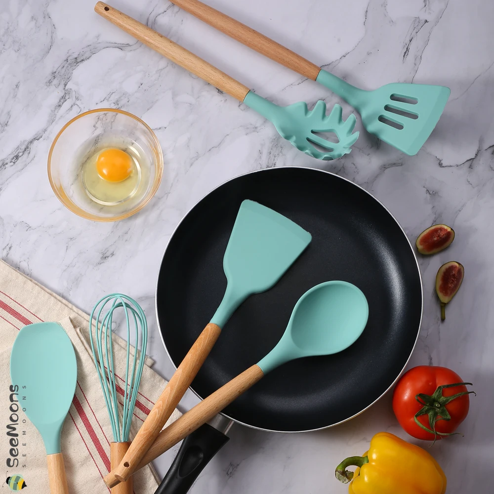 

Silicone Cooking Utensils Set Non-Stick Spatula Shovel Wooden Handle Kitchenware with Storage Box 9/12Pcs Kitchen Accessories