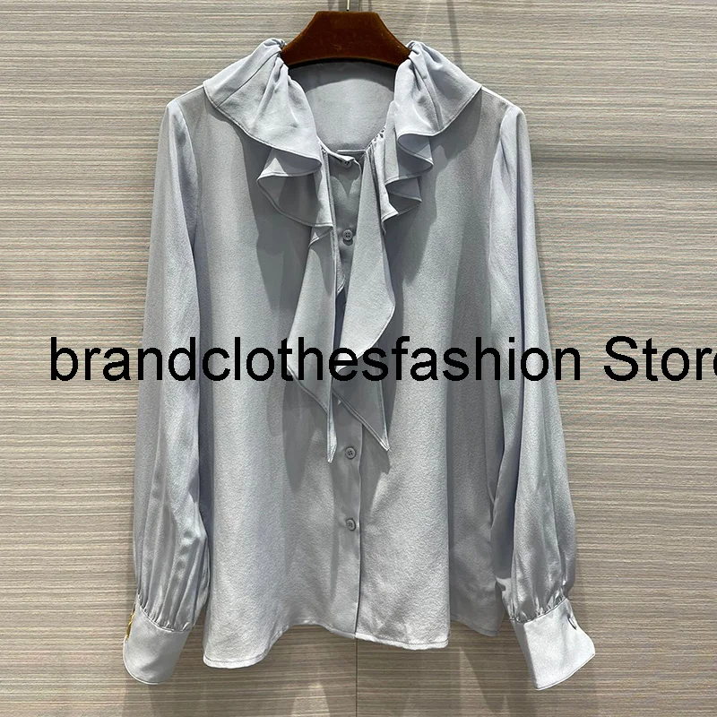 

Fashion Solid 100% Silk Shirt Women High Quality Ruffled Collar Bee Embroidery-Cuff Long Sleeve Blouse Lady 2021 New Autumn