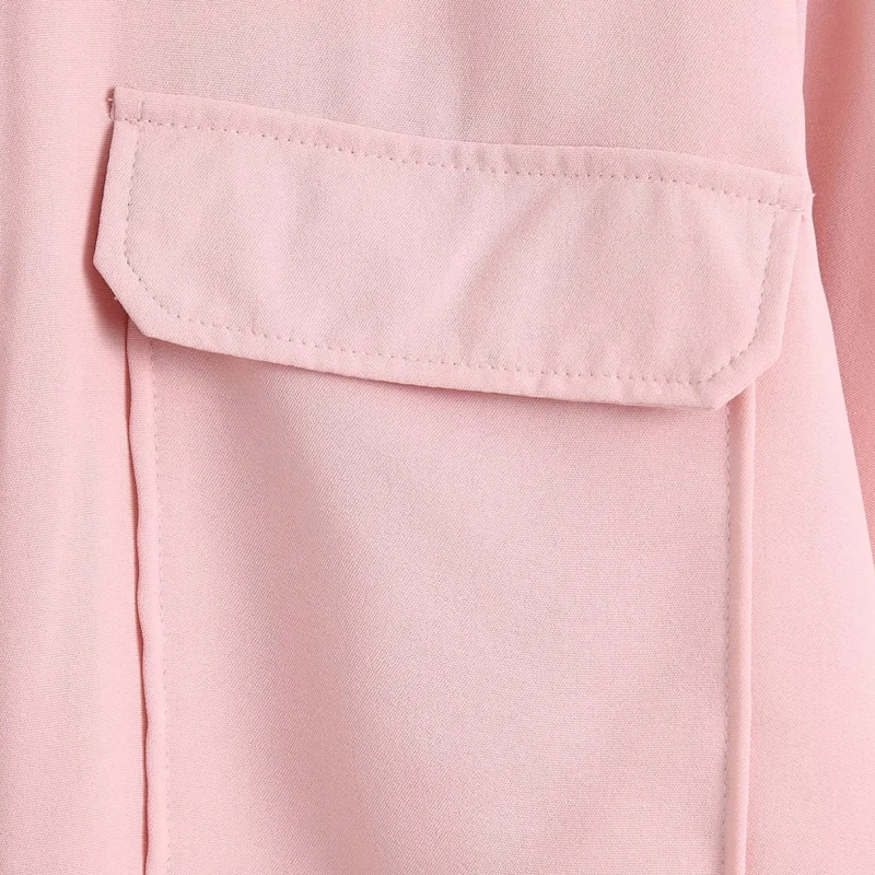 

Summer Women Pocket Decoration Simple Pink Shirt Female Long Sleeve Blouse Casual Lady Loose Tops Blusas S8923