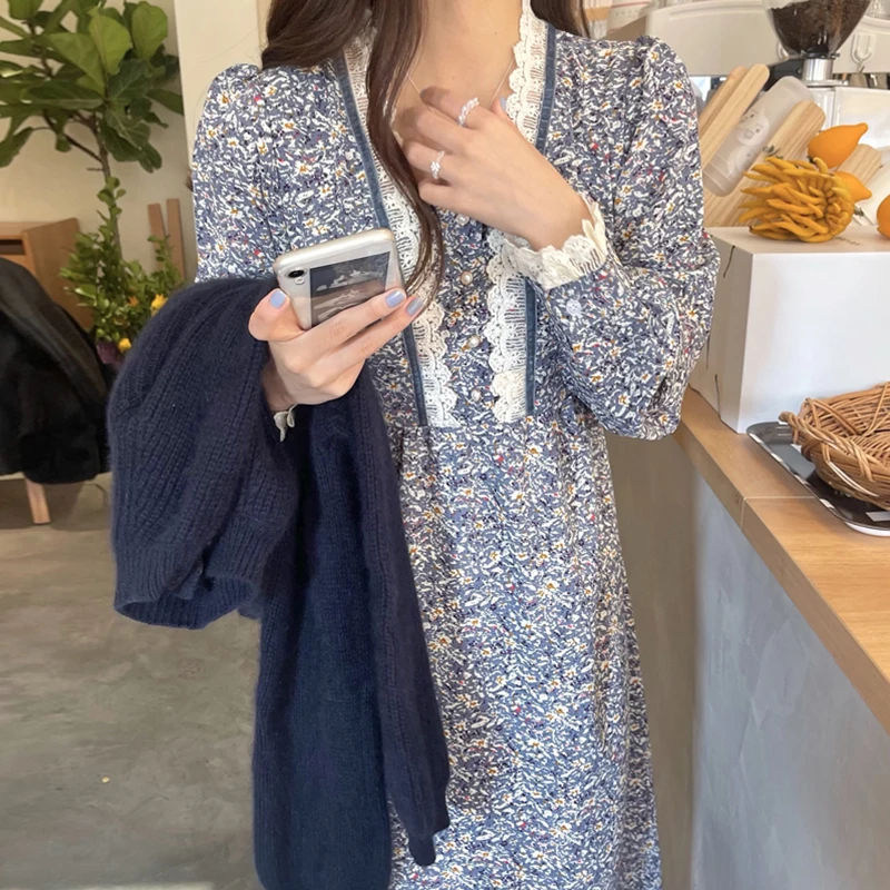 

Woman Dress 2021 New Korean Fashion Gentle Retro Square Collar Lace Print Design Waist Long Puff Sleeve Long Floral Dresses