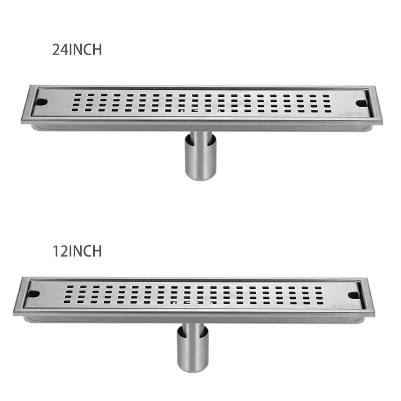 

12/24" Rectangular Linear Shower Floor Drain With Accessories Quadrato Pattern Grate Removable 304 Stainless Steel Steel Floor D