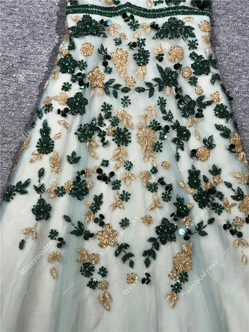Green and Gold Color Heavy Beads Real Photos A-line V-neck Sleeveless Floor Length Party Prom Dancing Women Evening Dresses Gown