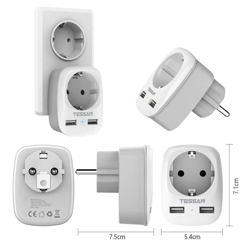 TESSAN USB Socket Adapter (4000W) with 2 Connections (2.4A) Double Plugs EU Wall Charger for IPhone IPad Iaptop | Электроника