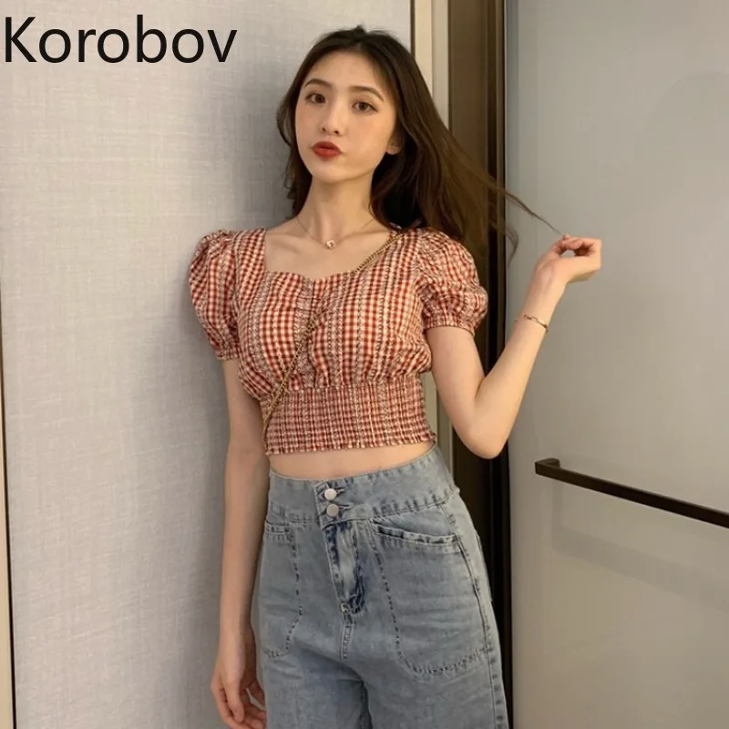 Корейская шикарная клетчатая полосатая Лоскутная Короткая Блузка Korobov Женская
