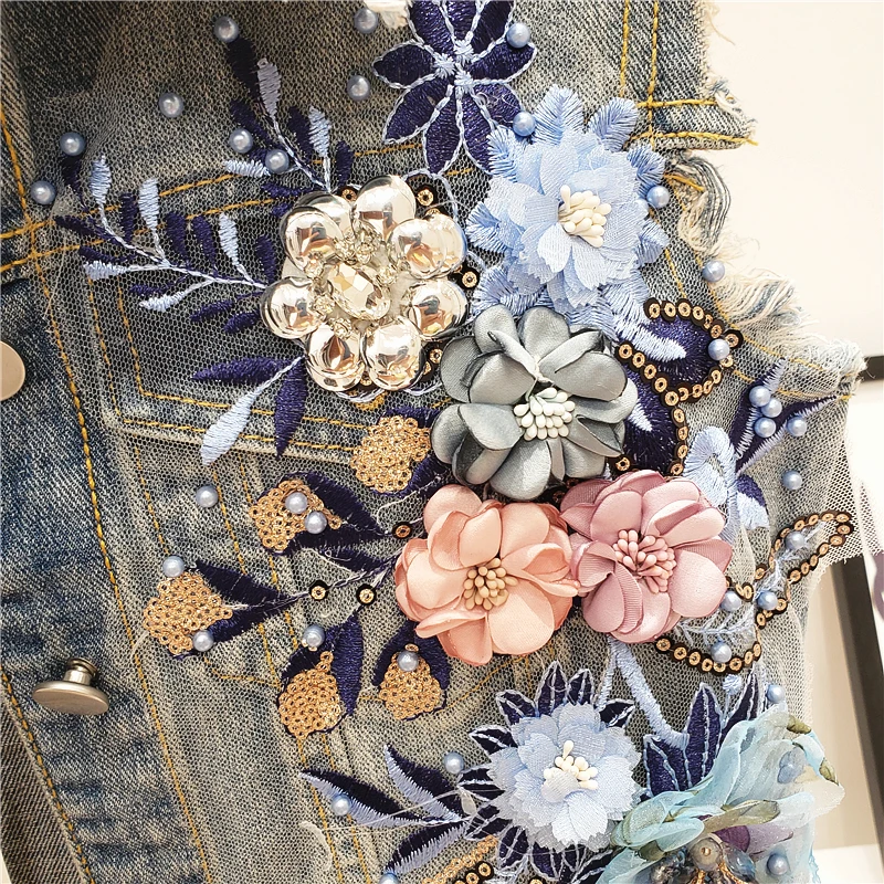 

Plus size Women Harajuku Beading 3D Flowers Frayed Hole Denim Vest Streetwear Spring Summer Sleeveless Casual Female Basic Coat