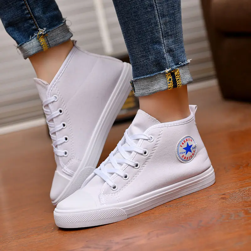 Женская парусиновая обувь с высоким берцем Дышащая женская повседневная Белые