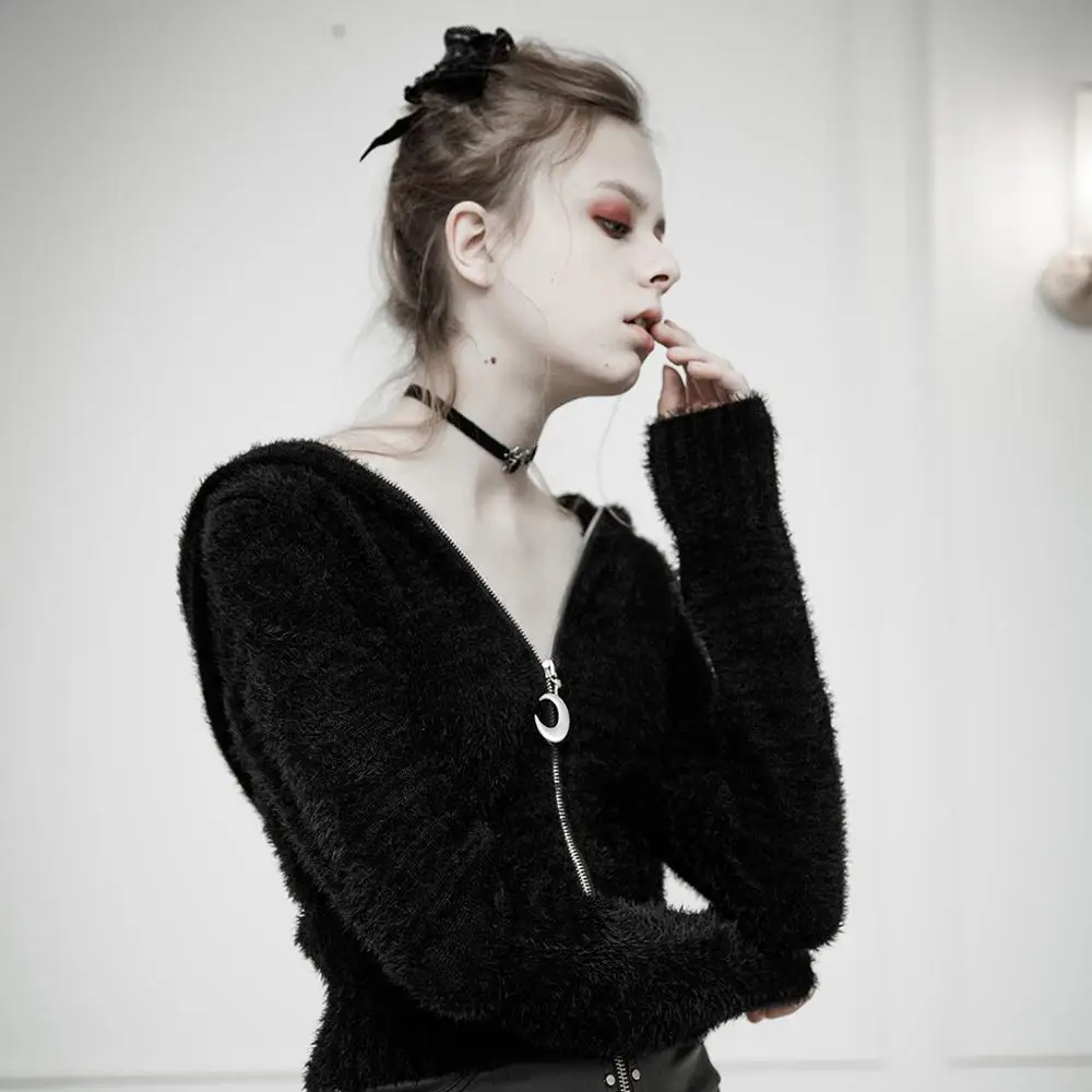 Облегающий утепленный кардиган с капюшоном в стиле панк свитер готический