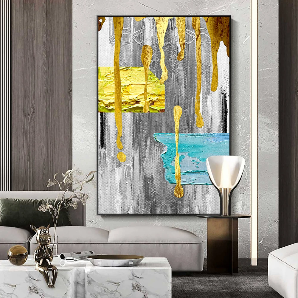 

Oil Painting On Canvas Handmade Yellow Blue Geometric Modern Abstract Large Wall Art Office Home Interior Decoration Mural