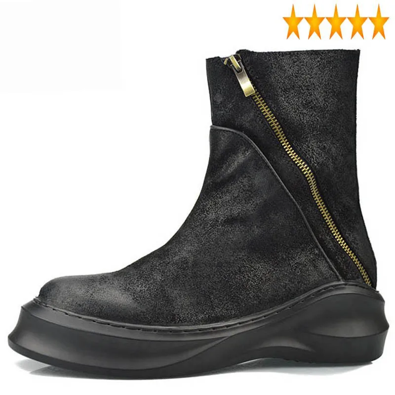 

Zipper Fashion Mens 2021 New Winter Genuine Cow Leather Round Toe England Style High Top Boots Male Thick Bottom Plus Size