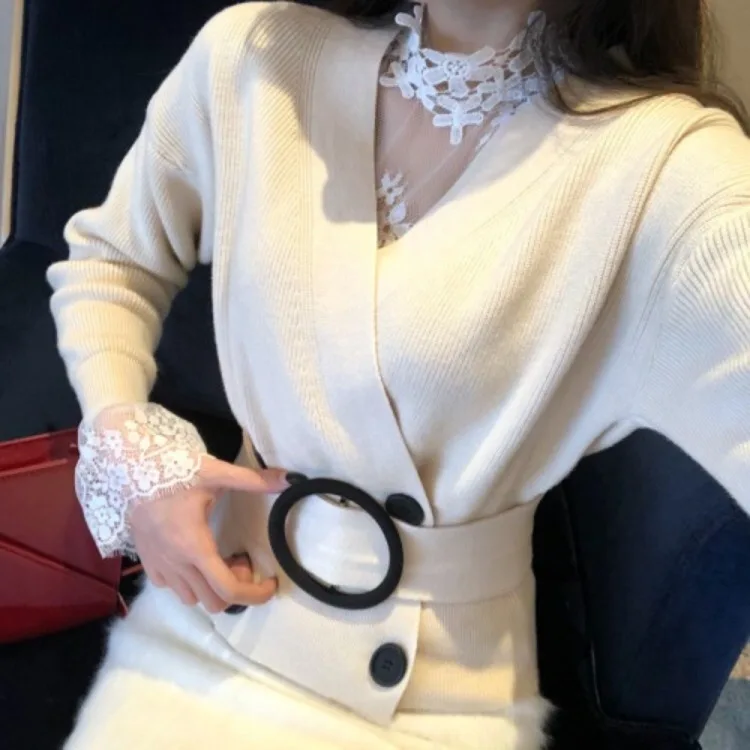 

2020 Autumn Spring Women Sweater Cardigan Fashion Soild Color V Neck Vintage Silm Kintted Long Sleeve Female Casual With Belt