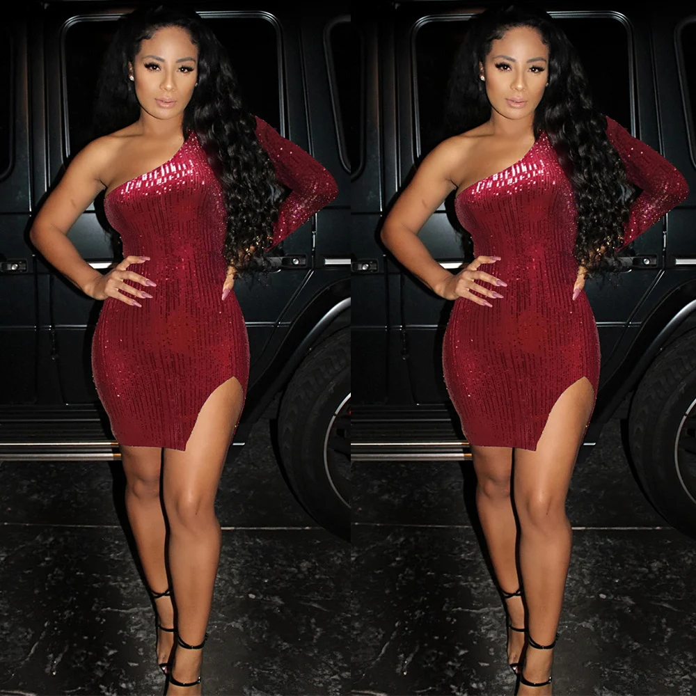 

Summer Women Sexy Full Sleeve Fork Sequined Dresses Casual Side Split High Waist Bodycon Party Club Mini Dress Vestidos