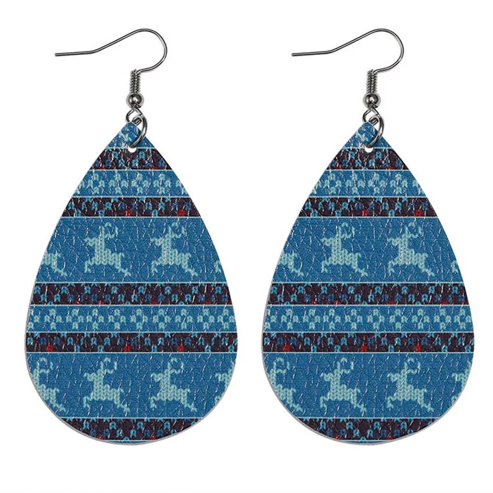 

E7541 ZWPON Christmas Motif PU Leather Earrings 2020 Christmas Tree Deer Print Teardrop Earrings Christmas Gifts