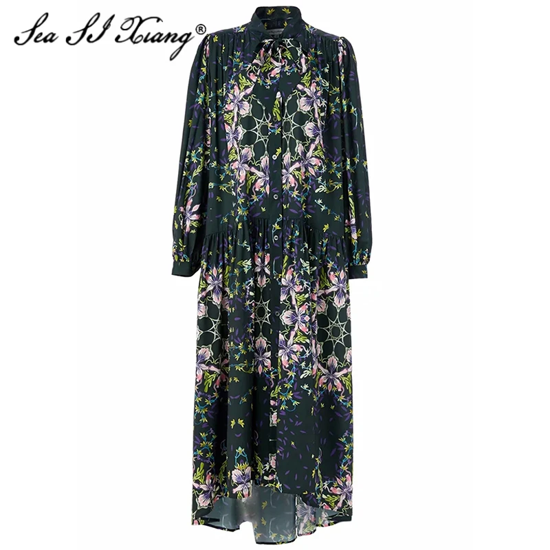 

Seasixiang Fashion Designer Spring Dress Women's Lantern Sleeve Floral-Printr Single-Breasted Vacation Maxi Dresses