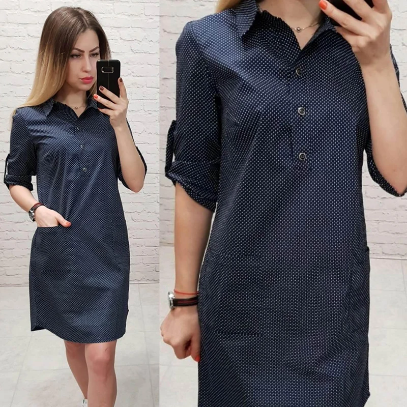2019 женское повседневное мини платье с принтом в горошек и пуговицами короткое