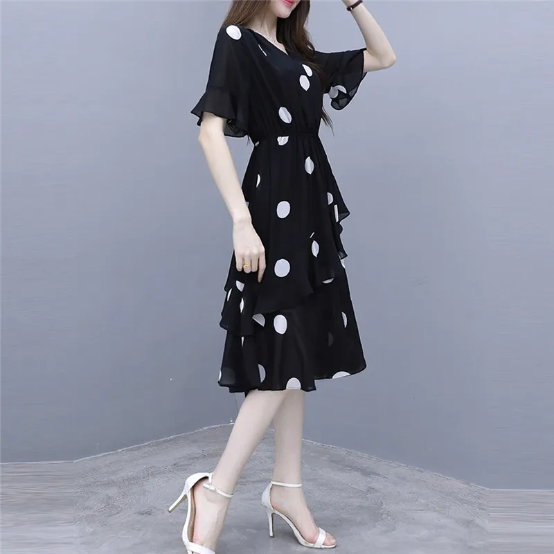 Plus Size Dress Women Fashion Summer V-Neck Knee Length Short Sleeve Wave Point Elegant Temperament Vestidos Mujer | Женская одежда
