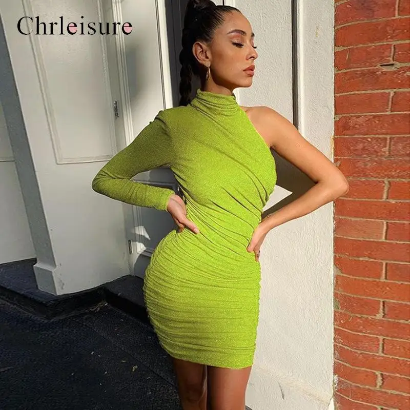 Женское блестящее мини-платье-чокер с открытыми плечами и рукавами креативные