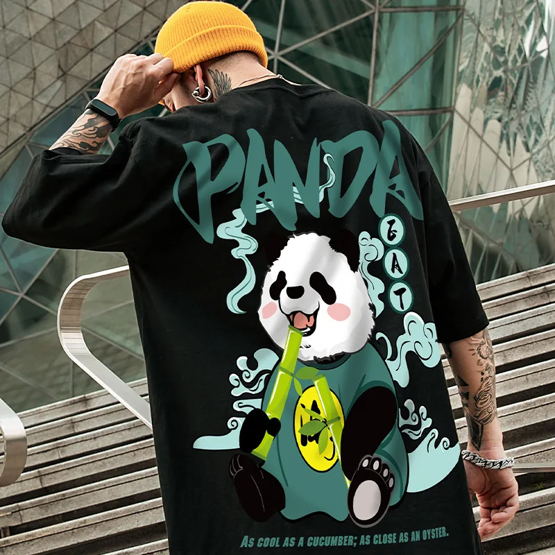 

Hip-hop panda t-shirt short-sleeved men's summer thin section tide brand trend loose couple five-point sleeves