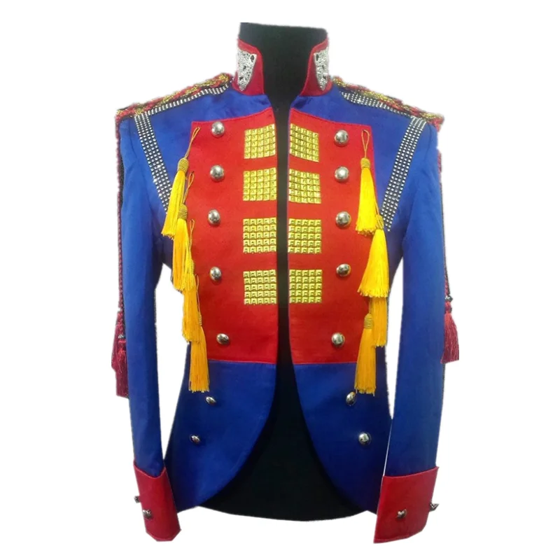 Мужской синий пиджак с эполетами и заклепками облегающее пальто Блейзер костюм в