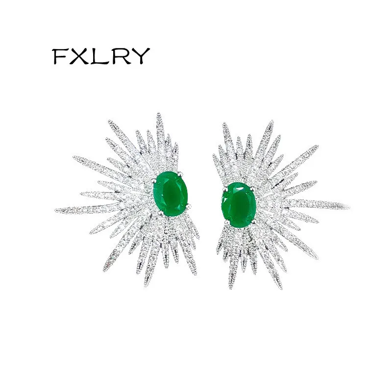 

FXLRY High-end форма шипа серьги Pave Цирконий зеленый камень блестящие серьги со шпилькой, для Для женщин