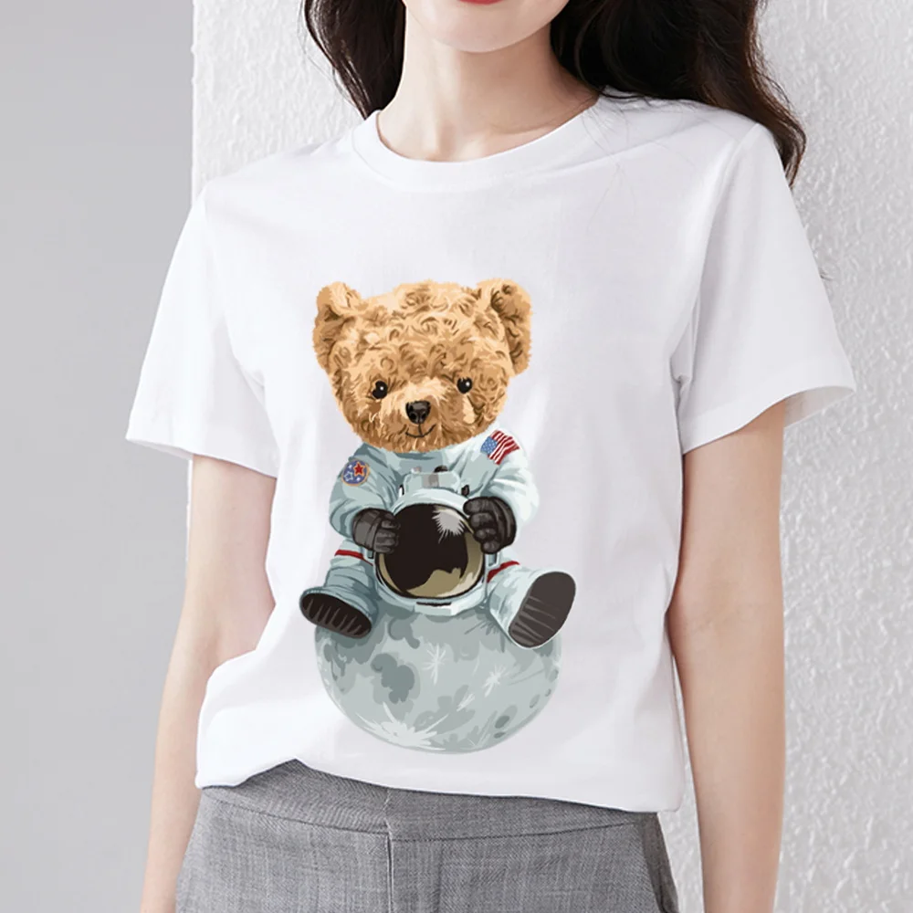 

T-shirt Street Women's Personality All-match Aerospace Space Teddy Bear Print T-shirt Women Casual O-neck Women's Shirt Slim Top