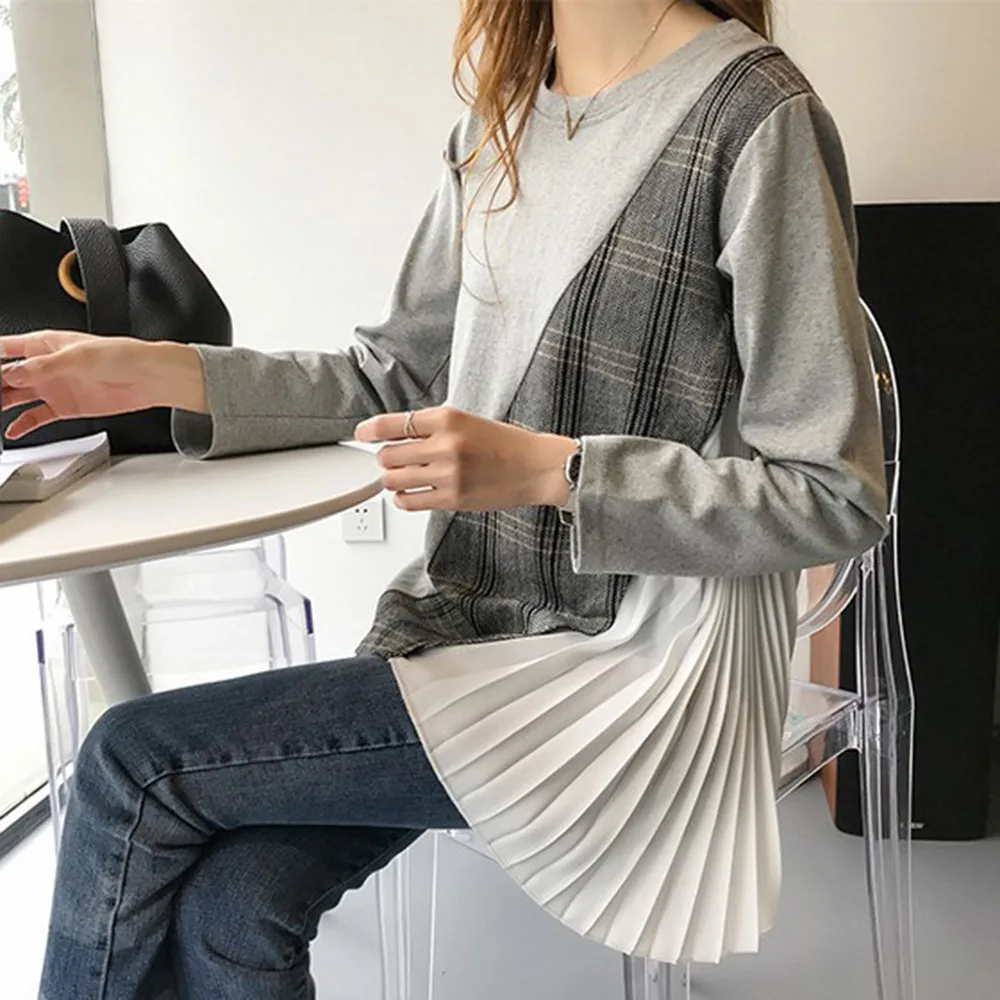 Женская футболка в клетку Корейском стиле черная Весенняя с длинным рукавом