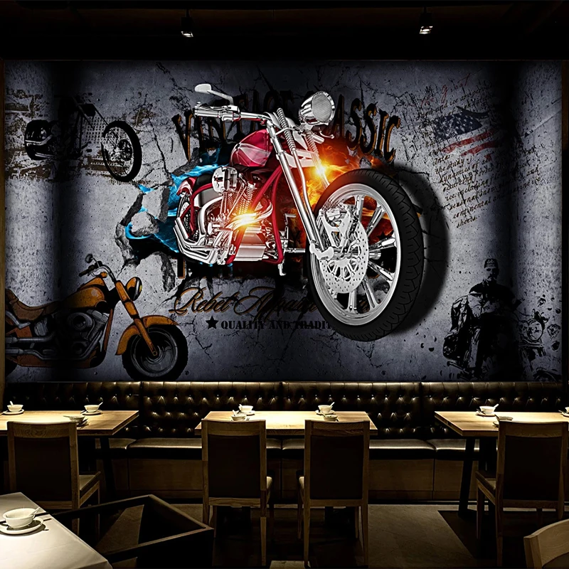 

Custom 3D Wallpaper Retro Motorcycle Broken Wall Brick Murals Personality Bar KTV Background Wall Papers Vintage Papel De Parede