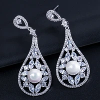 fashion luxury aaa zircon pearl stud earrings silver plated white gold engagement wedding gift jewelry earrings