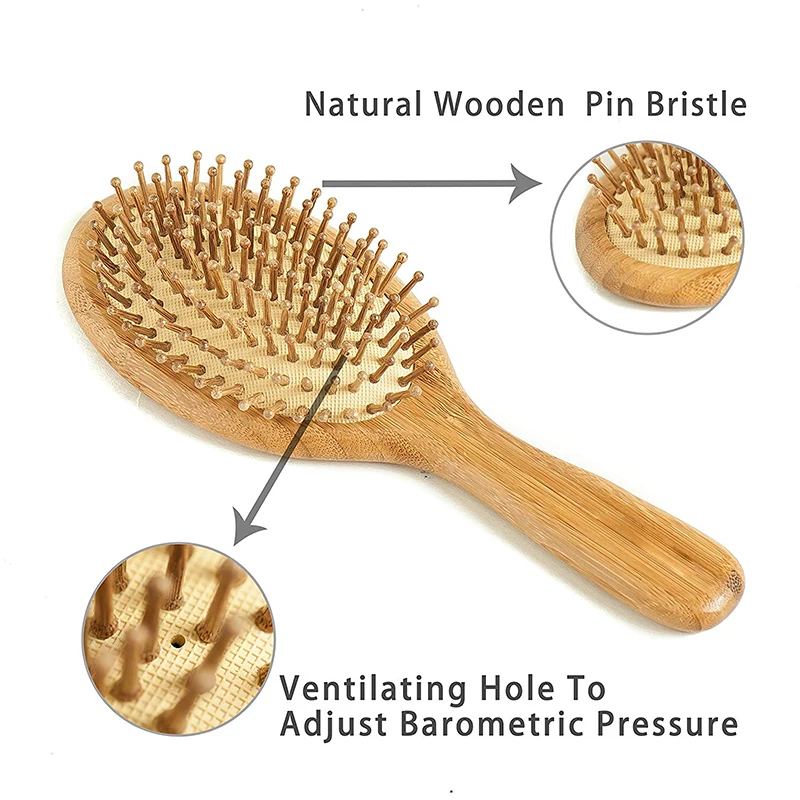 

Best Natural Wooden Paddle Hair Brush for All Hair Types, Ball Tipped Bamboo Bristle Flexible Cushion Base for Scalp Massag, Det